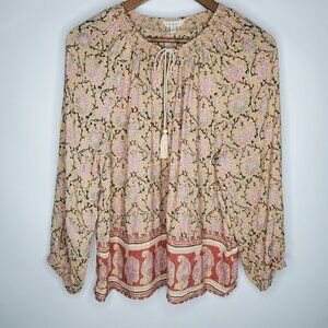 Lucky Brand Women Floral Tie Neck Blouse Size M Smocked Long Sleeve Boho Chic